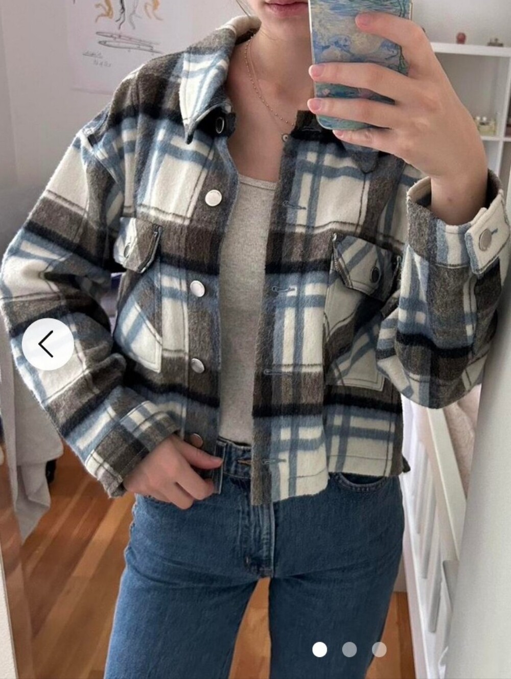 Zara Blue, Gray and White Plaid Crop Shacket Jacket